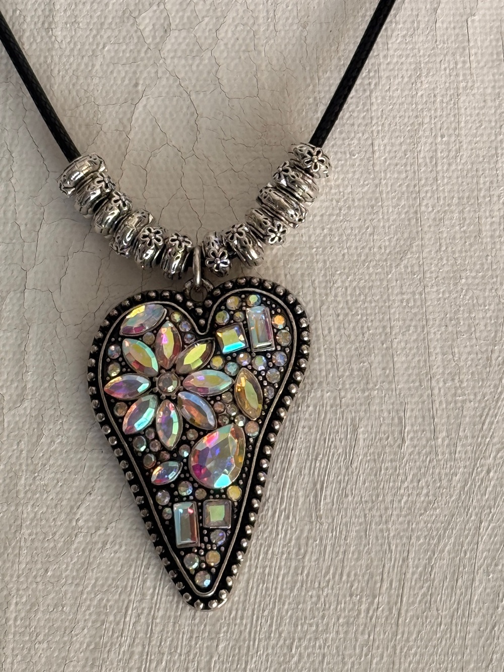 Iridescent Crystal Heart Pendant Necklace - Silver Accents